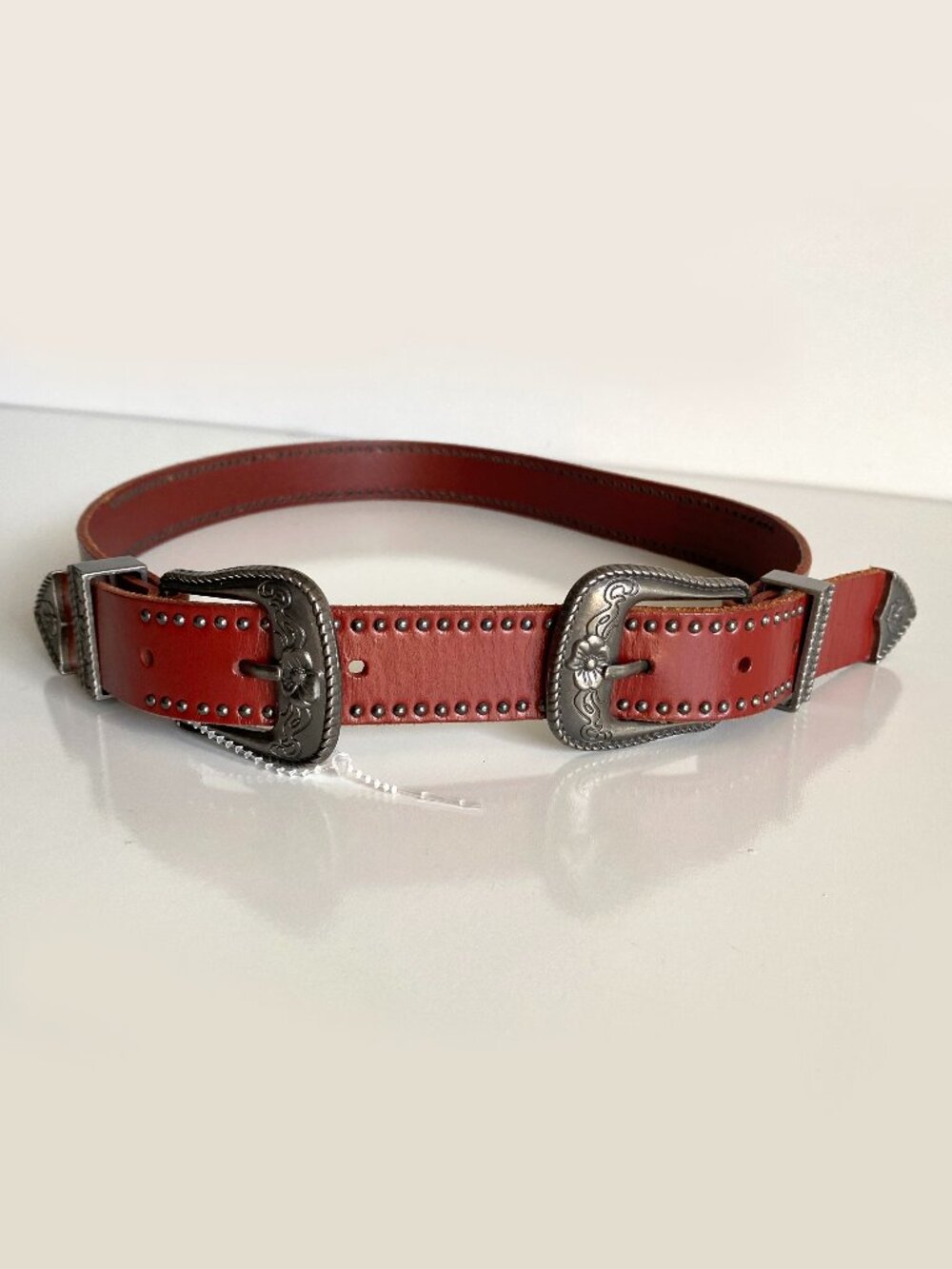American Eagle Buffalo Leather Studded Double Buckle Women Belt Size XS/S